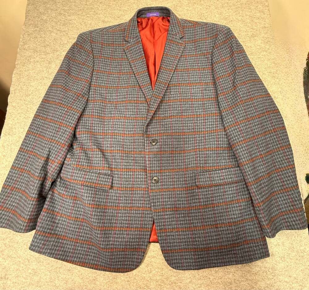 Alan Flusser Mens Two Button Blazer Jacket Blue Red Windowpane Cotton XL